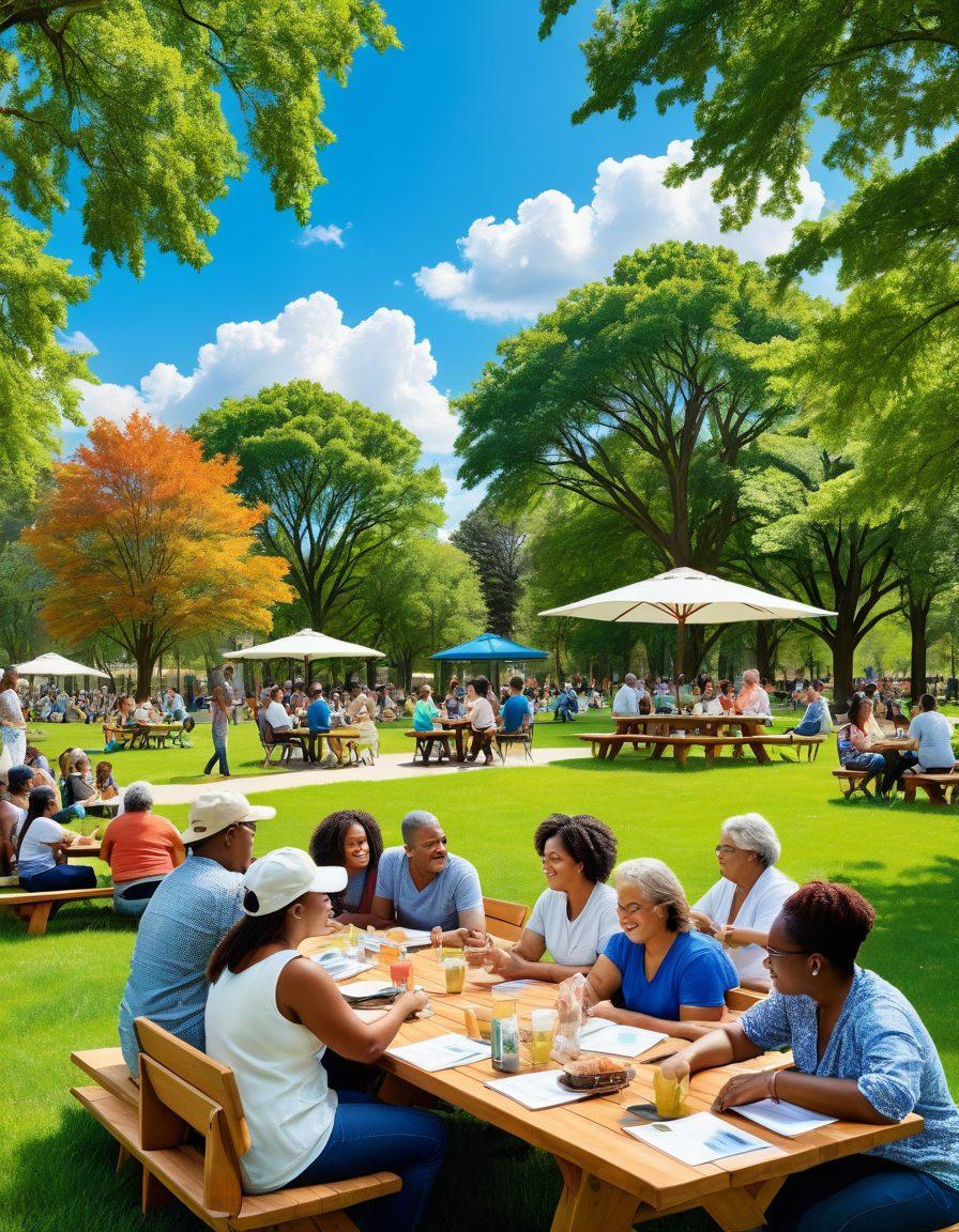 A collage of diverse Cook County residents discussing insurance solutions in a community setting, surrounded by symbols of various types of insurance (home, car, health) in an inviting park landscape. Include a bright blue sky with fluffy clouds to evoke a sense of hope and security. Show people of different ages and backgrounds collaborating at a picnic table with documents and technology. super-realistic. vibrant colors. 3D.