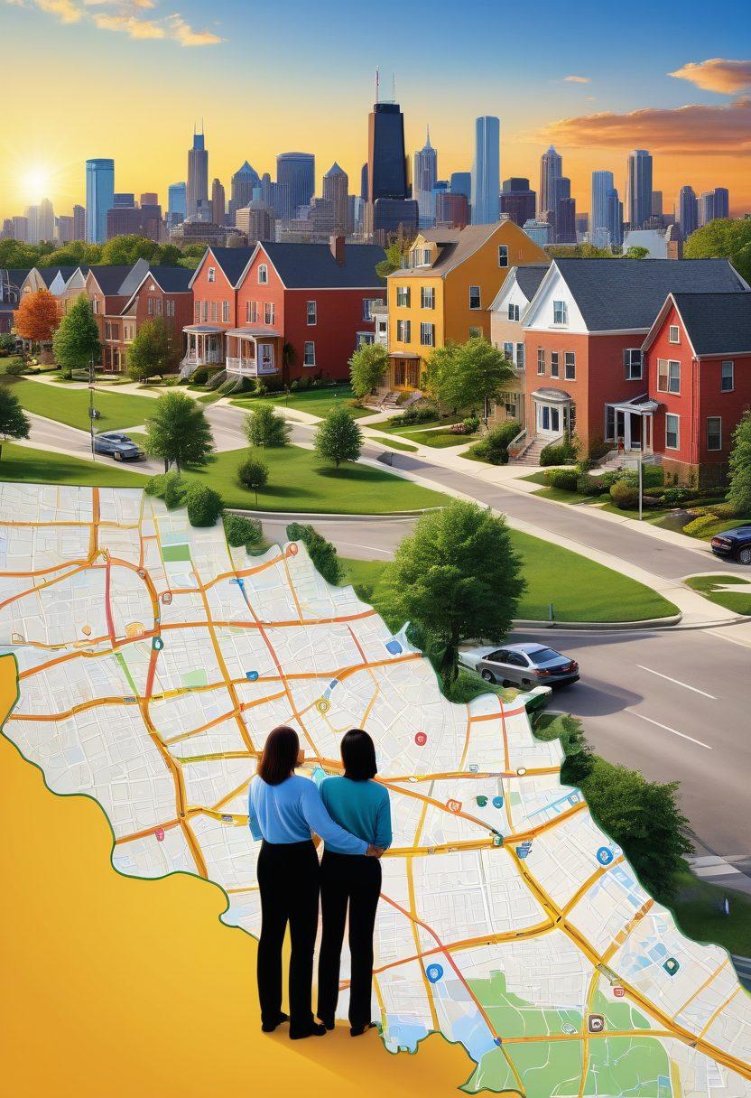 A peaceful and vibrant landscape of Illinois featuring a collage of diverse insurance symbols like health, auto, home, and life insurance. In the foreground, a friendly, knowledgeable advisor gestures towards a colorful map of Illinois highlighting different providers. The background showcases a sunny skyline with insurance company logos subtly integrated into the buildings. Lush greenery and happy families enjoying life emphasize security and well-being. vibrant colors. super-realistic.